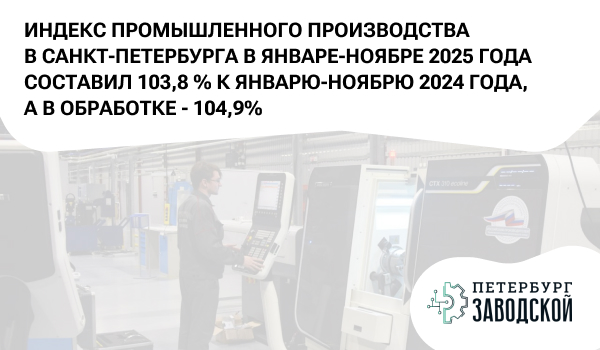 Индекс промышленного производства в Санкт-Петербурга в январе-ноябре 2025 года составил 103,8 % к январю-ноябрю 2024 года, а в обработке – 104,9%
